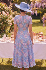 Sparkly Blue Maxi A Line Boat Neck Beaded Floral Mother of the Bride Dress