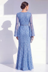 Sparkly Blue Boat Neck Mermaid Long Beaded Mother of the Bride Dress with Sleeves