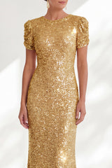 Sparkly Golden Beaded Round Neck Mermaid Long Sequin Mother of the Bride Dress with Sleeves