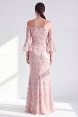 Sparkly Blush Floral Mermaid Long Beaded Mother of the Bride Dress with Sleeves