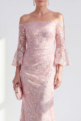 Sparkly Blush Floral Mermaid Long Beaded Mother of the Bride Dress with Sleeves