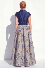 Navy Long Jacquard A Line Floral Mother of the Bride Dress with Bow