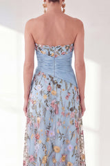 Blue Floral Strapless Long A Line Mother of the Bride Dress with Slit