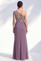 Grey Purple Ruched Mermaid Floral Long Mother of the Bride Dress with Ruffles