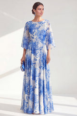 Blue Boat Neck Floral Long A Line Mother of the Bride Dress