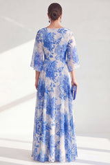 Blue Boat Neck Floral Long A Line Mother of the Bride Dress