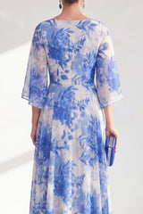 Blue Boat Neck Floral Long A Line Mother of the Bride Dress
