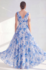 A Line Blue V-Neck Ruched Floral Long Chiffon Mother of the Bride Dress
