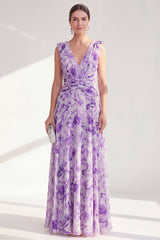 Purple A Line V-Neck Ruched Floral Long Chiffon Mother of the Bride Dress