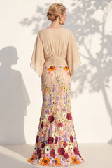 Champagne Long Floral Mermaid V-Neck Mother of the Bride Dress with Sleeves