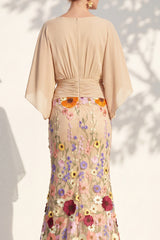 Champagne Long Floral Mermaid V-Neck Mother of the Bride Dress with Sleeves