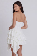 Ruched Strapless A Line Short Ivory Beach Wedding Dress with Ruffles