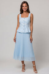 Sky Blue 2 Piece Single Breasted Floral Long Work Dress with Pleats