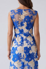 Blue Square Neck Short Floral Work Dress