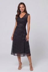 Black and White Polka Dots V-Neck Long A Line Work Dress