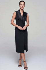 Black Midi Double Breasted Peak Lapel Work Dress with Slit