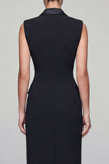 Black Midi Double Breasted Peak Lapel Work Dress with Slit