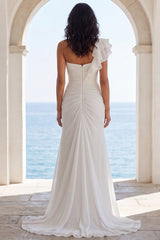 Ruched Ivory Mermaid Sweep Train Ruffled Beach Wedding Dress with Slit
