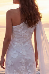 Short Ivory One Shoulder Floral Wedding Dress with Sash