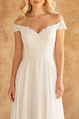 Off the Shoulder Ivory A Line Sweep Train Beach Wedding Dress with Lace