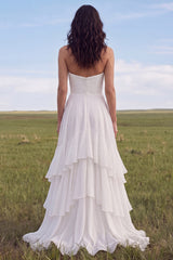 Strapless Ivory A Line Sweep Train Ruffled Beach Wedding Dress with Slit