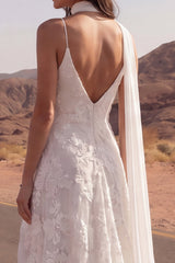 Spaghetti Straps Floral Ivory A Line Sweep Train Boho Wedding Dress with Slit