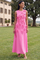 Hot Pink A Line Round Neck Floral Maxi Wedding Guest Dress