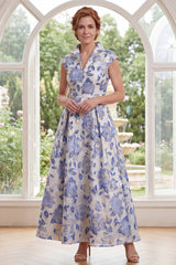Cap Sleeves White Blue Flower A Line Long Mother of the Bride Dress