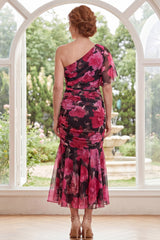 Black Red Flower One Shoulder Mermaid Long Mother of the Bride Dress