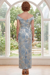 Blue Floral Off the Shoulder Sheath Long Mother of the Bride Dress