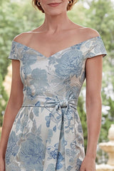 Blue Floral Off the Shoulder Sheath Long Mother of the Bride Dress