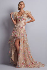 Champagne High Low Floral Corset A Line Ruched Mother of the Bride Dress with Ruffles