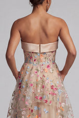 Ruffled Floral Champagne Long Corset A Line Mother of the Bride Dress with Pockets