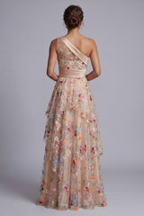 One Shoulder Floral Champagne Long A Line Mother of the Bride Dress with Ruffles