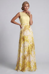A Line Long Butter Yellow Bateau Neck Floral Printed Mother of the Bride Dress