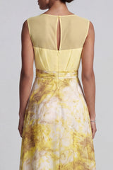 A Line Long Butter Yellow Bateau Neck Floral Printed Mother of the Bride Dress