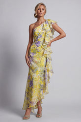 Butter Yellow Floral Mermaid Long Printed Mother of the Bride Dress with Ruffles
