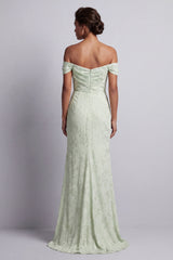 Ruched Long Mermaid Light Green Floral Mother of the Bride Dress with Slit