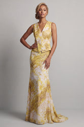 Floral Mermaid Long Printed Butter Yellow Mother of the Bride Dress with Sash
