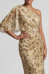 Sheath Long Floral Champagne Ruched Mother of the Bride Dress with Side Cape