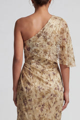 Sheath Long Floral Champagne Ruched Mother of the Bride Dress with Side Cape