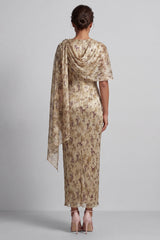 Champagne Beaded Sheath Long Floral Mother of the Bride Dress with Cape