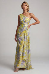 One Shoulder Butter Yellow Floral Mermaid Long Printed Mother of the Bride Dress