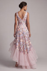A Line Blush High Low Floral V-Neck Mother of the Bride Dress with Ruffles