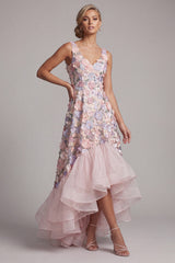 A Line Blush High Low Floral V-Neck Mother of the Bride Dress with Ruffles