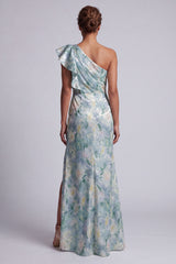 Mermaid Ruffled Light Green Floral Long Mother of the Bride Dress with Slit