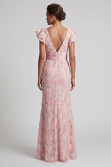 Mermaid Ruffled Sparkly Blush Long Beaded Mother of the Bride Dress with Slit