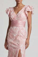Mermaid Ruffled Sparkly Blush Long Beaded Mother of the Bride Dress with Slit
