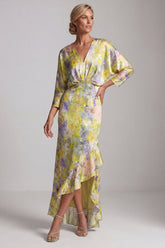Printed Asymmetrical Butter Yellow Floral Mother of the Bride Dress with Ruffles