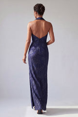 Halter Backless Floral Dark Purple Long Mermaid Mother of the Bride Dress with Slit